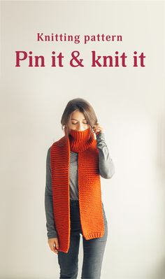 a woman wearing an orange knitted scarf with the text knitting pattern easy - to - follow