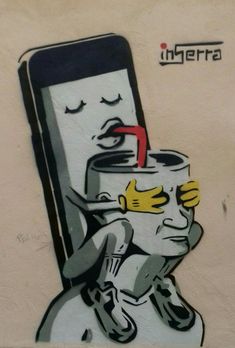 a painting of a cell phone with a man holding a can on it's face