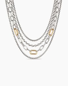 David Yurman | Four Row Mixed Chain Bib Necklace in Sterling Silver with 18K Yellow Gold David Yurman Necklace, Curb Chain Necklace, Chain Strap Bag, Floral Shoes, Rare Gemstones, Bib Necklace, Silver Chain Necklace, Toggle Clasp, Curb Chain