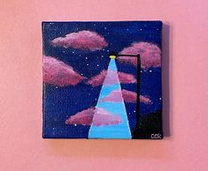 an acrylic painting of a street light in the night sky with pink clouds