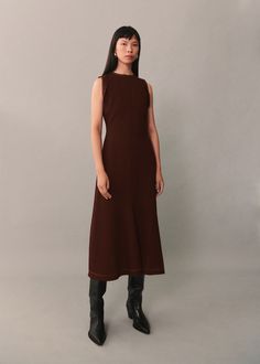 Midi-dress with decorative stitching - Women | MANGO USA Midi Design, Brown Midi Dress, Burgundy Midi Dress, Flowy Fabric, Decorative Stitching, Clothing Care, Contrast Stitch, Maternity Clothes, Fitted Dress