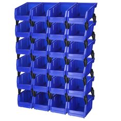 blue plastic storage bins with black handles on each side and two rows of them stacked up against the wall