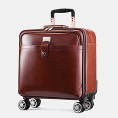 a brown piece of luggage with wheels and handle on the front is shown in this image