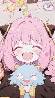 an anime character with pink hair and blue eyes hugging her stuffed animal friend in front of the camera