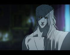 an anime character with long white hair and blue eyes, standing in front of a dark background