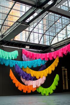 multicolored streamers hanging from the ceiling