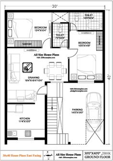 the floor plan for a two story house with an attached garage and living room area