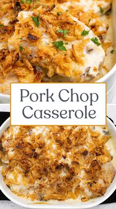 pork chop casserole in a white dish with the title overlay above it