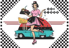 a woman in pink shirt and black skirt standing next to a car with food on it