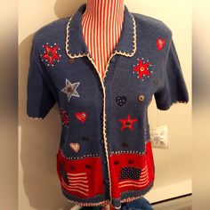 This Sweater Is Rare To Find In New Condition With Tags. It Is Vintage With A United States, 4th Of July Theme! This Sweater Is A Size Small And Buttons Down The Front. There Are Knitted And Buttons Embellishments! No Smoking Or Pets In The Home. This Was Stored In A Cedar Closet. Cross-Listed! I Will Review Reasonable Offers! 4th Of July Theme, Sweaters Vintage, Cedar Closet, Navy Blue Cardigan, Leopard Cardigan, Yellow Cardigan, Colored Cardigans, Grey Leopard Print, Merino Wool Cardigan