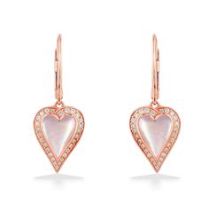 14K Rose Gold Kabana Heart Leverback Earrings with Pink Mother of Pearl Inlay and 0.41 Carats (total weight) of Diamonds. The earrings measure approximately 1 1/3" in length. Mother Of Pearl Inlay, Pearl Inlay, Leverback Earrings, Heart Earrings, Mother Of Pearl, Diamonds, Rose Gold, Gold, Pink