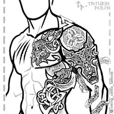 a drawing of a man's torso with tattoos on it