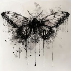 a black and white drawing of a butterfly with drops of water on it's wings