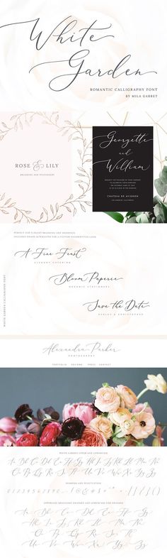 the wedding stationery is shown with flowers and calligraphy on it, including two different font