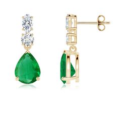 Elevate your look for any occasion with these stylish 18k yellow gold dangle earrings. Featuring stunning pear-shaped emeralds, topped by oval and round diamonds, this pair offers a dazzling cascade of brilliance. The unique design and sparkling gems make it perfect for adding a touch of glamour to any ensemble. Rose Gold Dangle Earrings, Emerald Earrings, Gold Earrings Dangle, 18k Rose Gold, Pear Shaped, Round Diamonds, Unique Design, Pear, 18k Gold