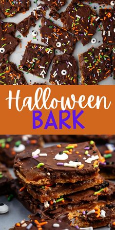 chocolate bark with sprinkles on top and the words halloween bark above it