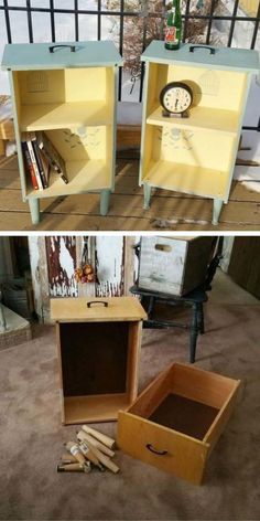 two different side by side pictures of an old dresser and end table with paint on it