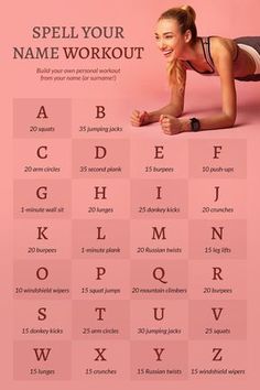 a woman doing push ups on her stomach with the words spell your name workout in front of her