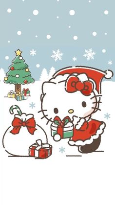 a hello kitty christmas card with a santa clause holding a gift bag and a tree in the background