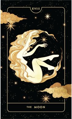 the moon tarot card is shown in gold and black, with stars above it