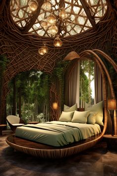 a bedroom with a circular bed surrounded by trees