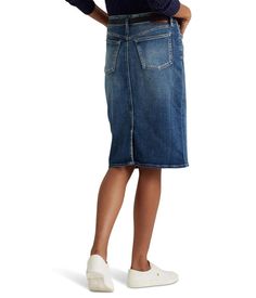 The LAUREN Ralph Lauren® Denim Skirt is the perfect pair for that cute crop top you have been waiting to wear, or even that fuzzy sweater. The posibilities are endless..Five-pocket construction..Zip fly button frontal closure..Belt loops at waistline..Branded patch at waistline..Straight knee length hemline with a back vent..84% cotton, 14% polyester, 2% elastane..Machine washable..Imported. Denim Skirt With Pockets Short Length, Casual Dark Wash Skirt For Everyday, Casual Relaxed Fit Pencil Skirt, Medium Wash Denim Pencil Skirt With Pockets, Mid-rise Denim Skirt With Pockets, Casual Everyday Pencil Skirt, Casual Relaxed Denim Skirt With Pockets, Medium Wash Relaxed Fit Skirt With Pockets, Relaxed Fit Medium Wash Skirt With Pockets