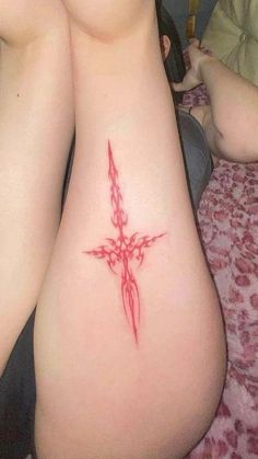 Cosmic Tattoos For Women, Tattoos For Thighs For Women, Red Tattoo Cover Up, Cygilism Tattoos, Succubi Womb Tattoo, Pink Spine Tattoo, Red Cybersigilism Tattoo, Trampstamps Tattoo, Heart Tattoo Sternum