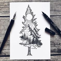 an ink drawing of a pine tree with the sun rising above it