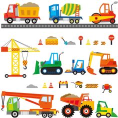 construction vehicles and trucks are depicted on a white background