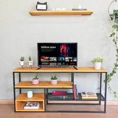 a tv is sitting on top of a shelf in front of a potted plant