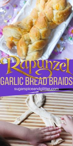 a close up of food on a plate with bread in the background and text overlay that reads rappuez garlic bread braids