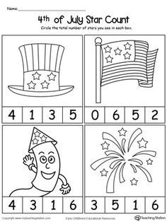 fourth of july printable worksheet for kids to practice counting the number four