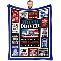 a man holding up a truck driver blanket