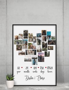 a photo collage with the words, date and photos on it in white frame next to a potted plant