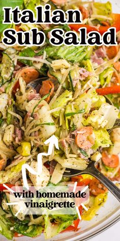 a salad with shrimp, carrots, and other vegetables on a white plate that has the words italian sub salad above it