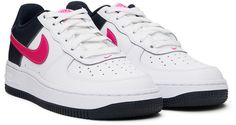 Low-top buffed leather sneakers in white and pink. · Perforated detailing at toe · Lace-up closure · Swoosh embroidered at vamp · Logo patch at padded tongue · Padded collar · Swoosh appliqué at sides · Logo embroidered at heel tab · Mesh lining · Air Sole unit at foam rubber midsole · Treaded rubber sole Please note that this item may be shipped only within North America. Supplier color: White/Dark obsidian/Fierce pink Nike US Size: child's foot length 3.5Y: 8.75 / 22.5 cm 4Y: 9 / 23 cm 4.5Y: 9 Nike Sneakers With Embroidered Logo For Sports, Nike Sneakers With Embroidered Logo And Round Toe, Nike Sneakers With Embroidered Logo, Pink Low-top Sneakers With Embroidered Logo, Pink Sneakers With Embroidered Logo And Round Toe, Pink Sneakers With Embroidered Logo, Pink Air Force 1, Tenis Air, Pink Nike