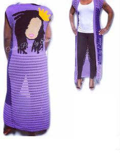 a woman wearing a purple crochet dress with a yellow crown on her head