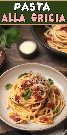 pasta alla grigia on a white plate with basil