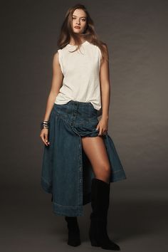 Pilcro Basque-Waist Denim Midi Skirt Skirts Pleated, Bow Crop Tops, Basque Waist, Pleated Denim, Utility Skirt, Anthropologie Uk, High Rise Skirt, Denim Pencil Skirt, Exclusive Dress