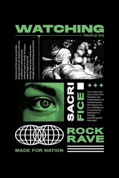 an advertisement for the rock rave concert with images of people and words on black background