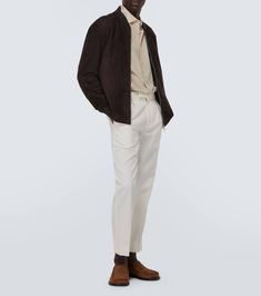 Find ZEGNA Suede Bomber Jacket on Editorialist. Material: 100% lamb leather. Care instructions: specialist clean. Made in Italy. Designer color name: Dark Brown. Lining: 63% silk, 37% polyamide. Trim: 83% wool, 16% polyamide, 1% elastane. Closure: two-way zipped front. Pockets: snap-buttoned pockets, internal pockets. Hem: ribbed, straight. Cuff: ribbed. Bomber. Tailored Designer Leather Outerwear, Tailored Leather Outerwear, Tailored Leather Outerwear With Concealed Placket, Tailored Leather Outerwear With Long Sleeves, Tailored Leather Long Sleeve Outerwear, Designer Silk Outerwear For Winter, Designer Silk Outerwear With Lapel Collar, Luxury Long Sleeve Silk Outerwear, Tailored Luxury Leather Jacket With Long Sleeves