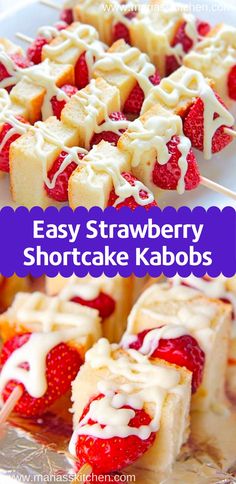 strawberry shortcake kabobs with white icing and strawberries on the top