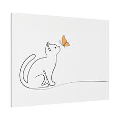 a drawing of a cat with a butterfly on it's head sitting in front of a white wall