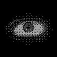 an eye made up of small dots on a black background with the word's logo in