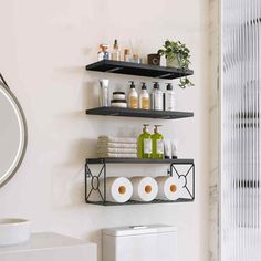 the bathroom is clean and ready to be used as a storage area for toiletries