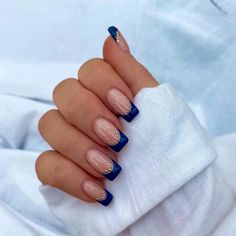 Blue Gold Nails, January Nails, French Tip Nails, Short Acrylic Nails, Best Acrylic Nails, Square Nails, Gold Nails