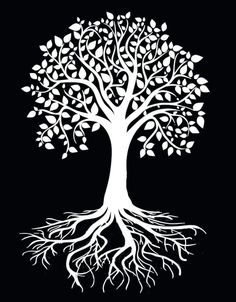 a white tree with leaves and roots on a black background