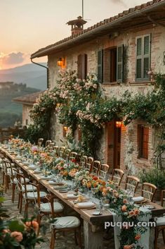 a long table set up with flowers and greenery in front of an old building