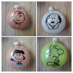 four different ornaments with cartoon characters on them