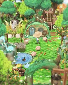 an animated image of a small village in the forest with animals and plants around it